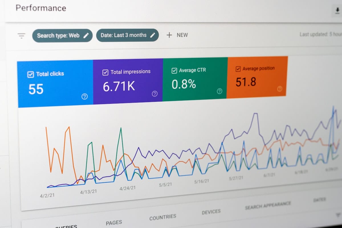 Raport Skuteczność w Google Search Console z widocznymi zakładkami Zapytania, Strony, Urządzenia i wyświetlonym wykresem kliknięć