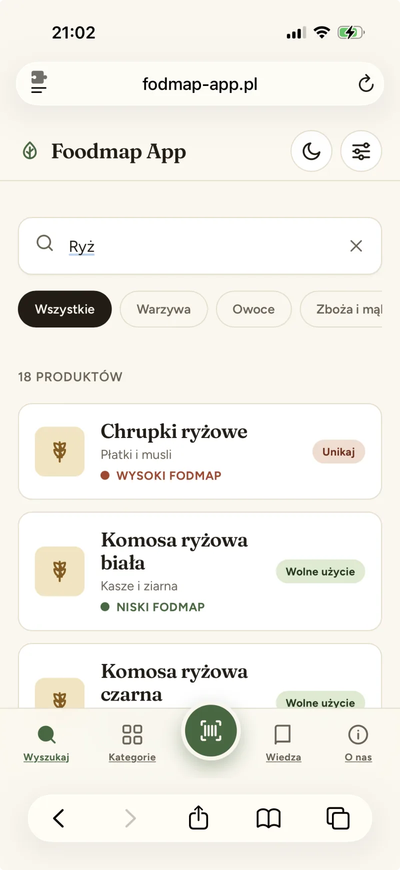 Widok mobilny FODMAP Checker — wyszukiwarka produktów i pasek nawigacji ze skanerem