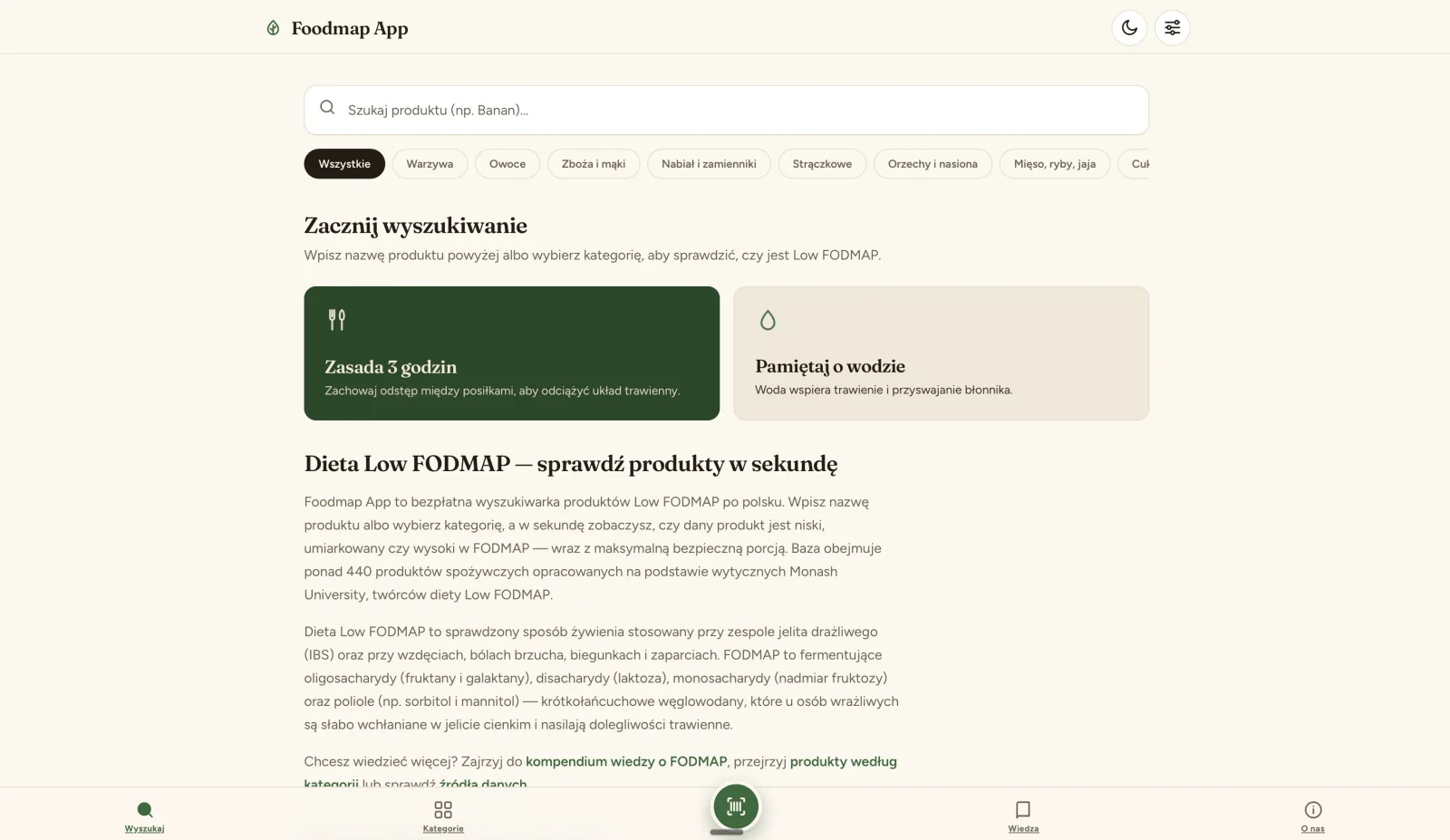 FODMAP Checker — ekran startowy z wyszukiwarką i kategoriami produktów Low FODMAP