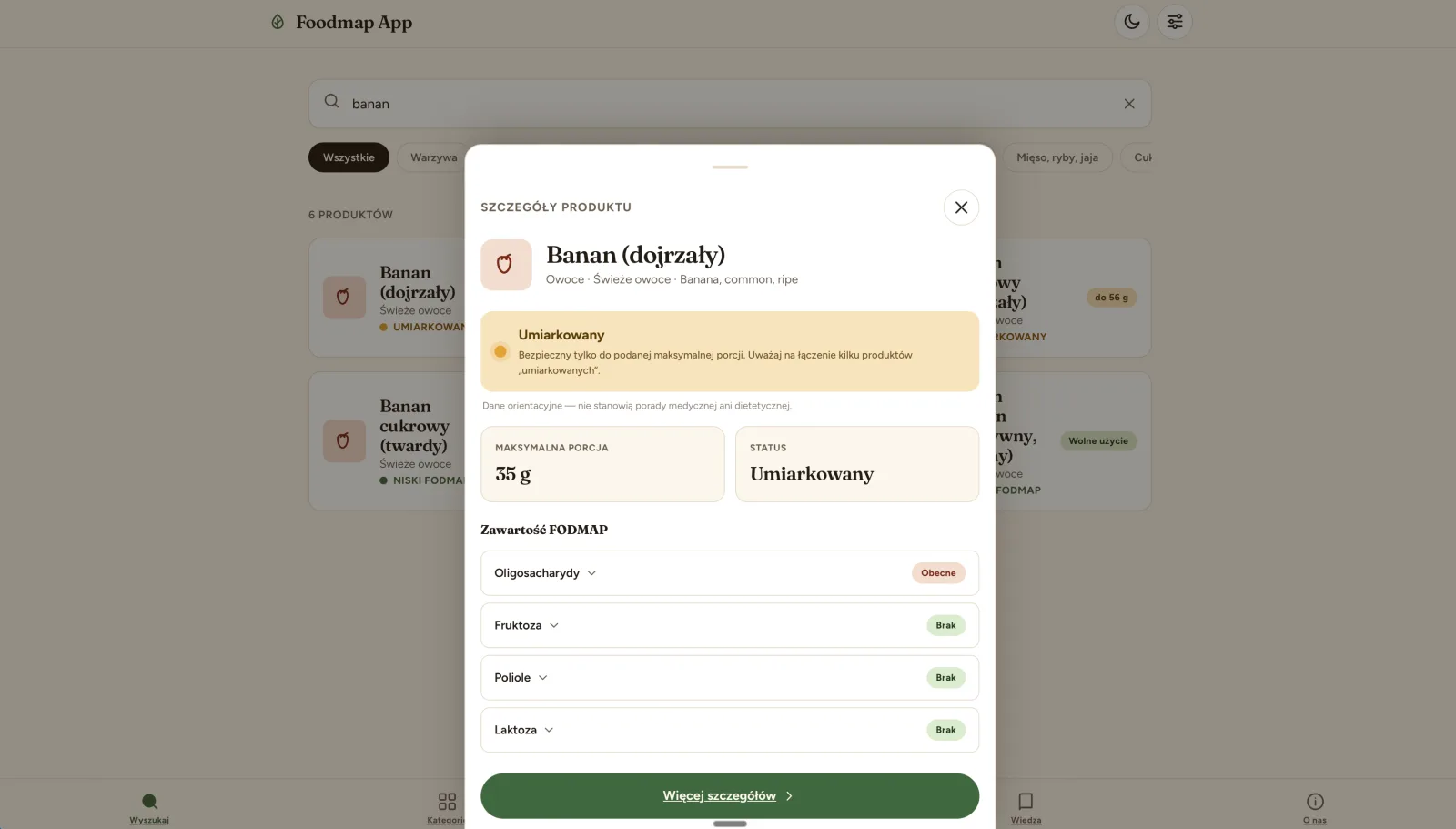 Szczegóły produktu w FODMAP Checker — status, maksymalna porcja i profil 4 frakcji FODMAP