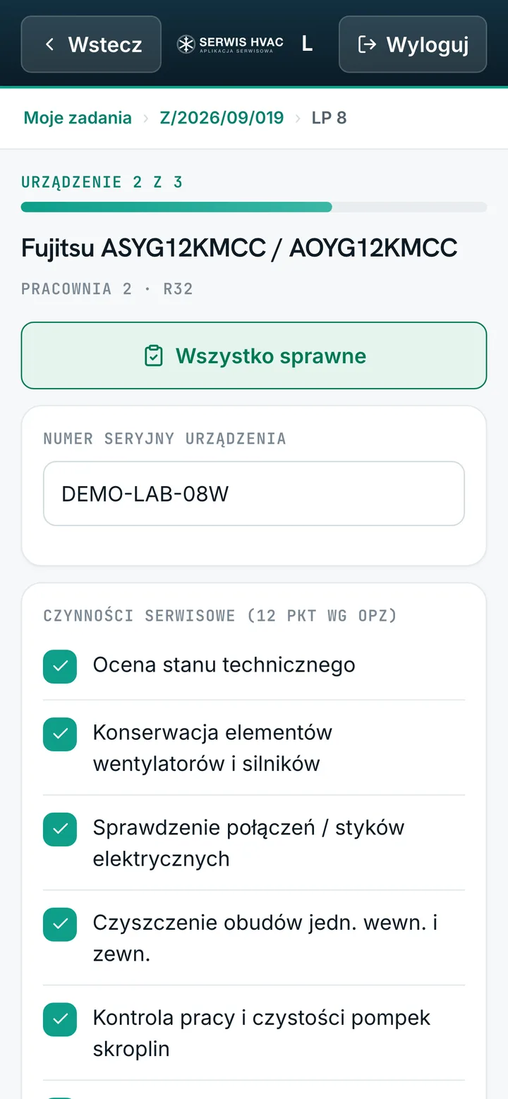 Lista kontrolna czynności serwisowych przy urządzeniu (dane demonstracyjne)