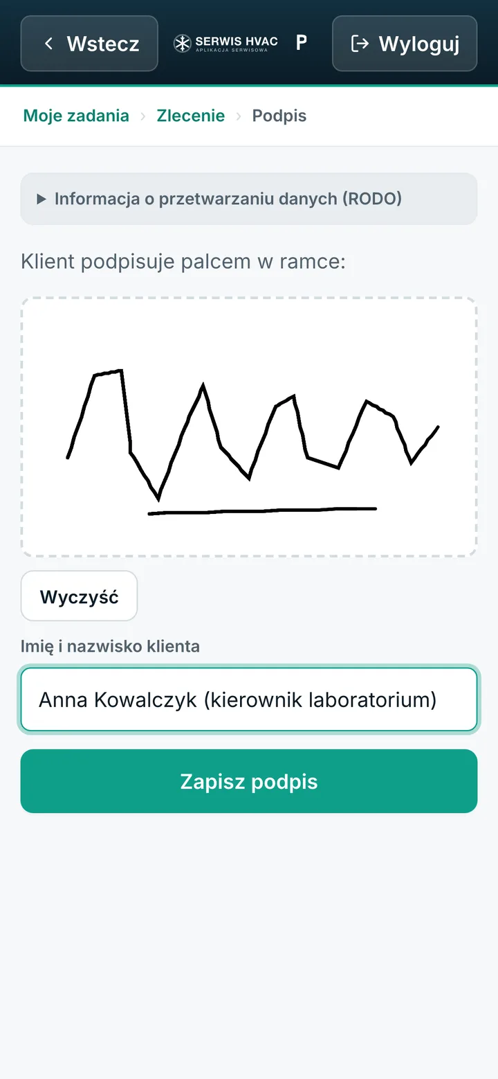 Podpis klienta składany palcem na ekranie telefonu (dane demonstracyjne)