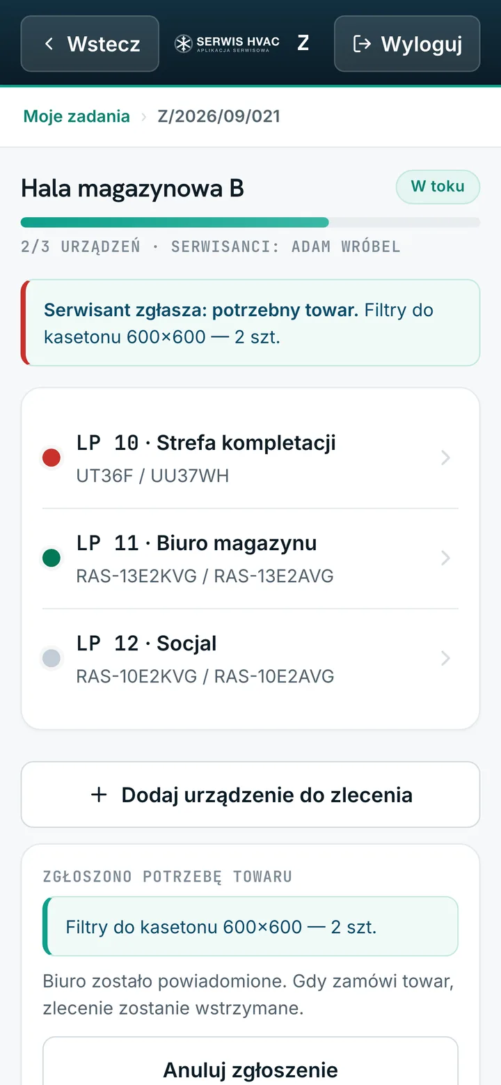 Zlecenie ze zgłoszeniem potrzebnego towaru i statusami urządzeń (dane demonstracyjne)