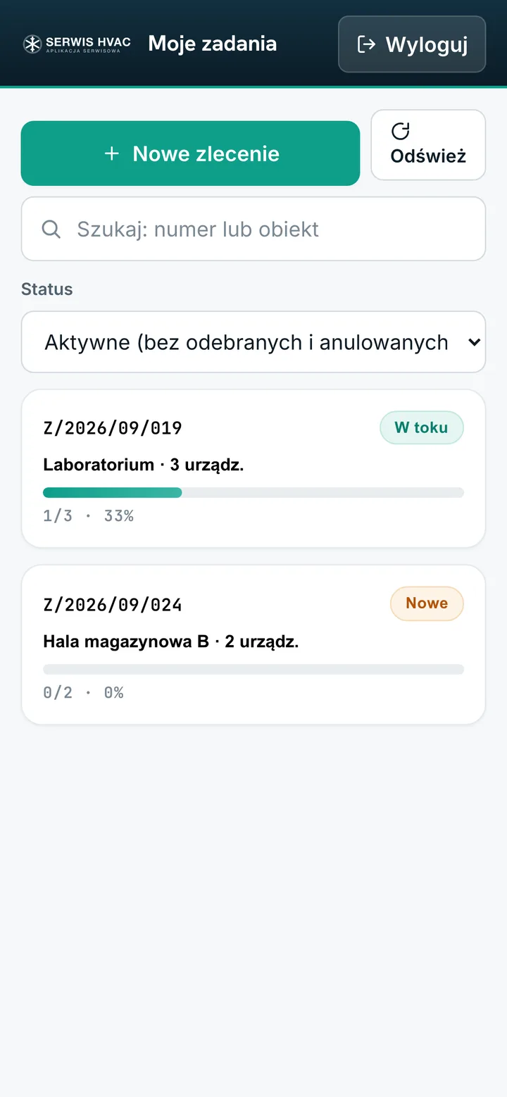 Lista zadań serwisanta z postępem zleceń (dane demonstracyjne)