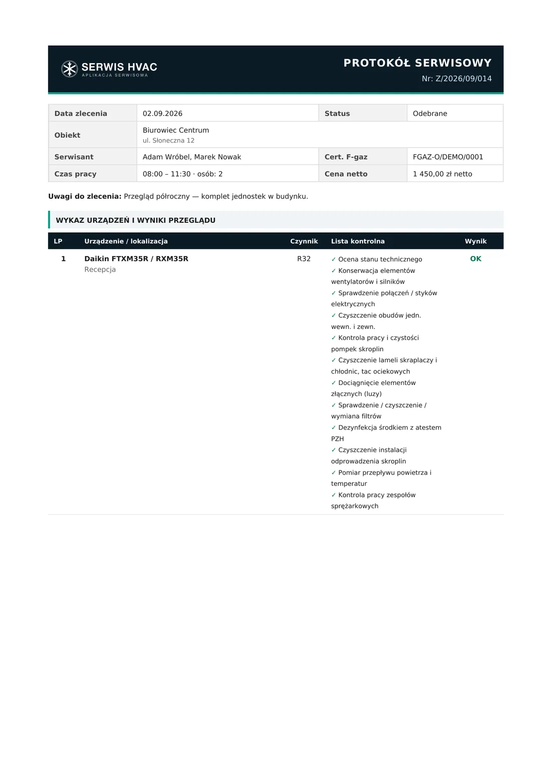 Pierwsza strona protokołu serwisowego PDF z danymi zlecenia i wynikami przeglądu (dane demonstracyjne)