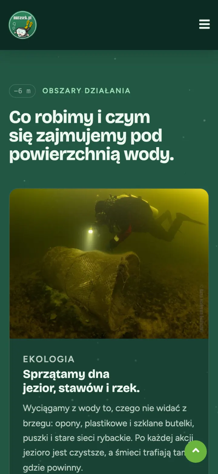 Sekcja Obszary działania na telefonie — nurek nad starą siecią rybacką na dnie
