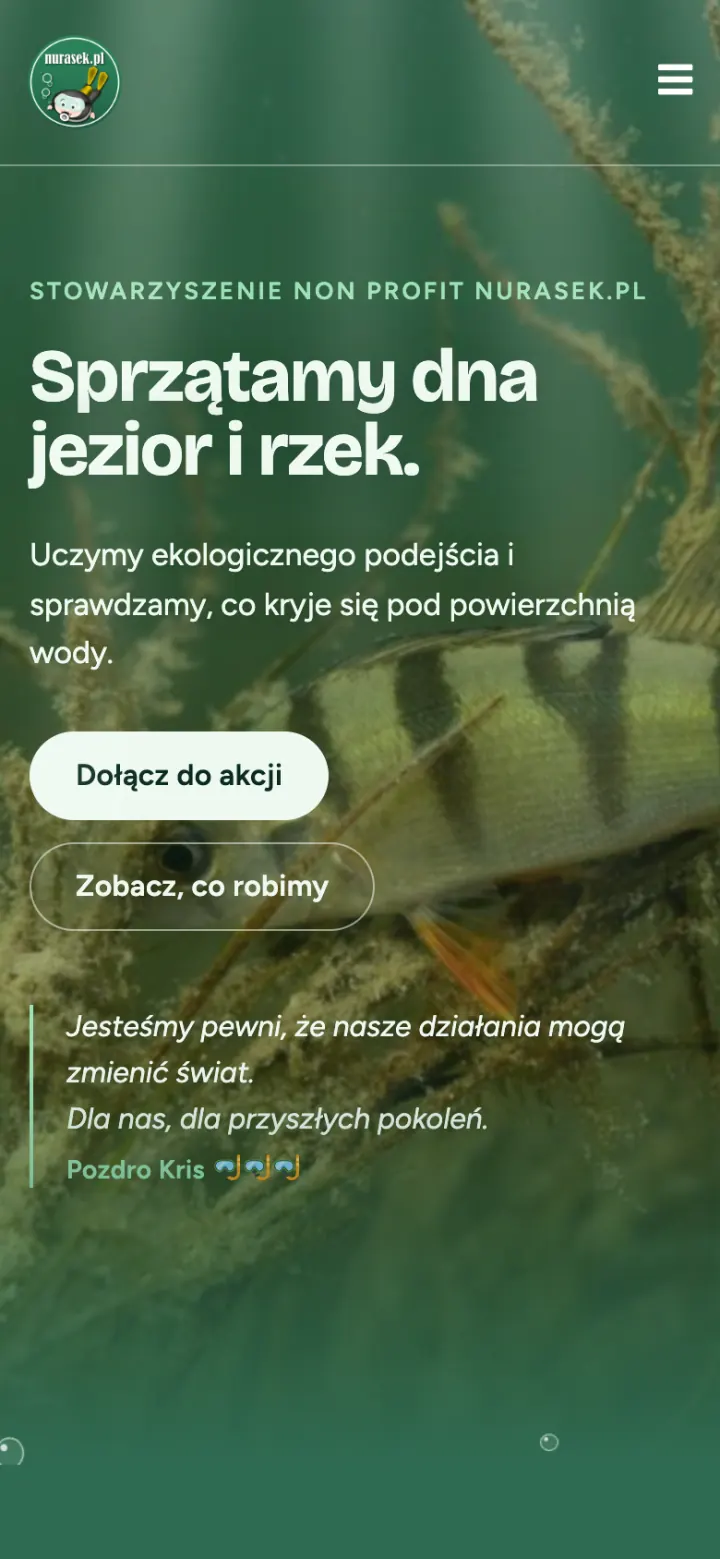 Baner Nurasek.pl na telefonie — hasło i przyciski Dołącz do akcji oraz Zobacz, co robimy