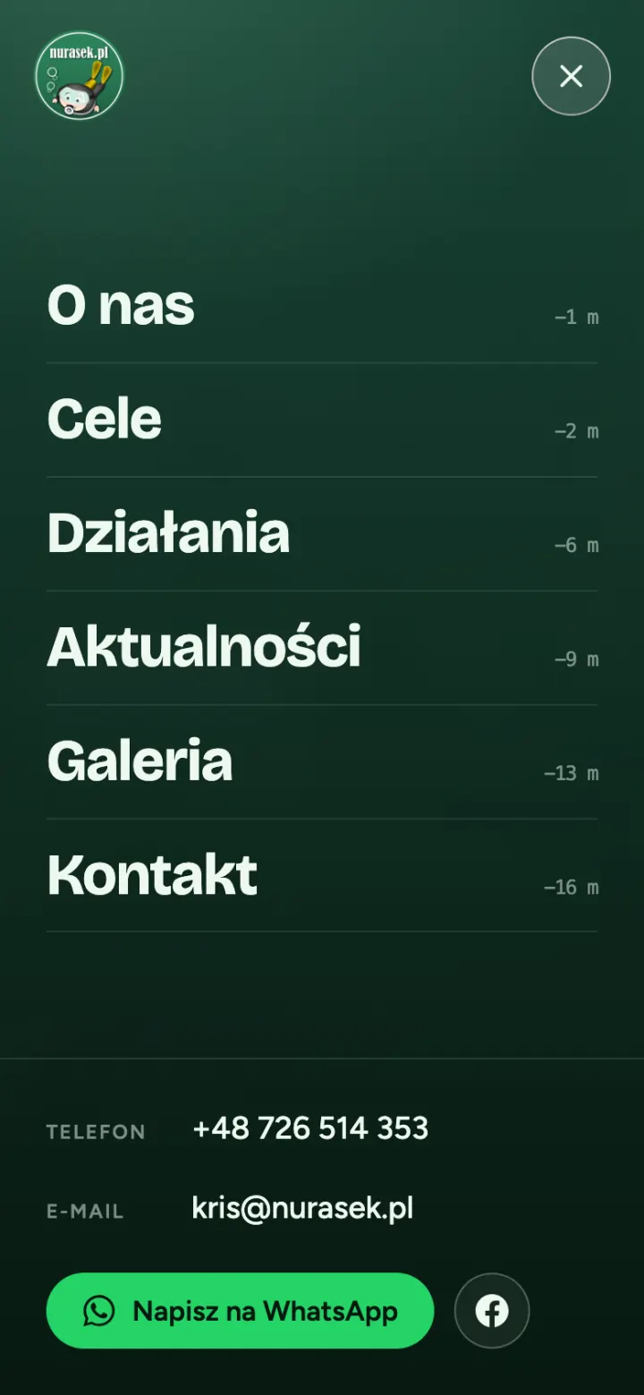 Pełnoekranowe menu mobilne z głębokością każdej sekcji, telefonem, e-mailem i przyciskiem WhatsApp