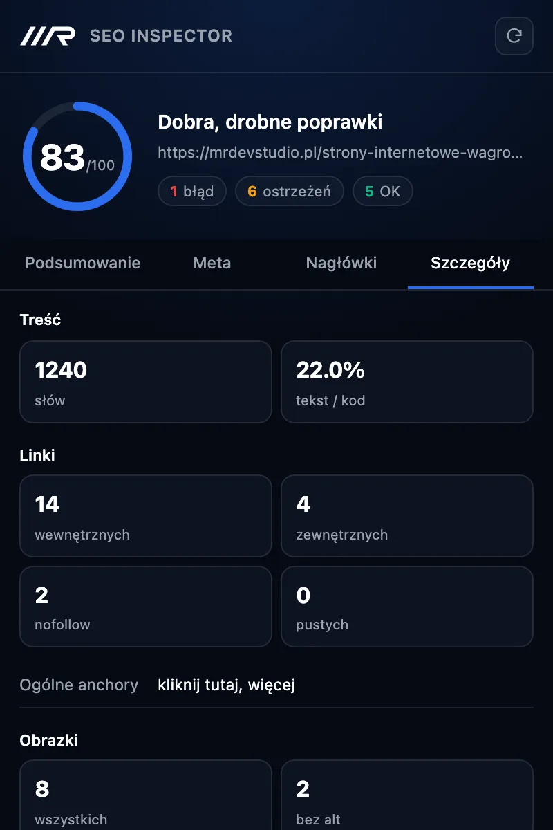 Zakładka Szczegóły w SEO Inspector — statystyki treści, linków i obrazków analizowanej strony