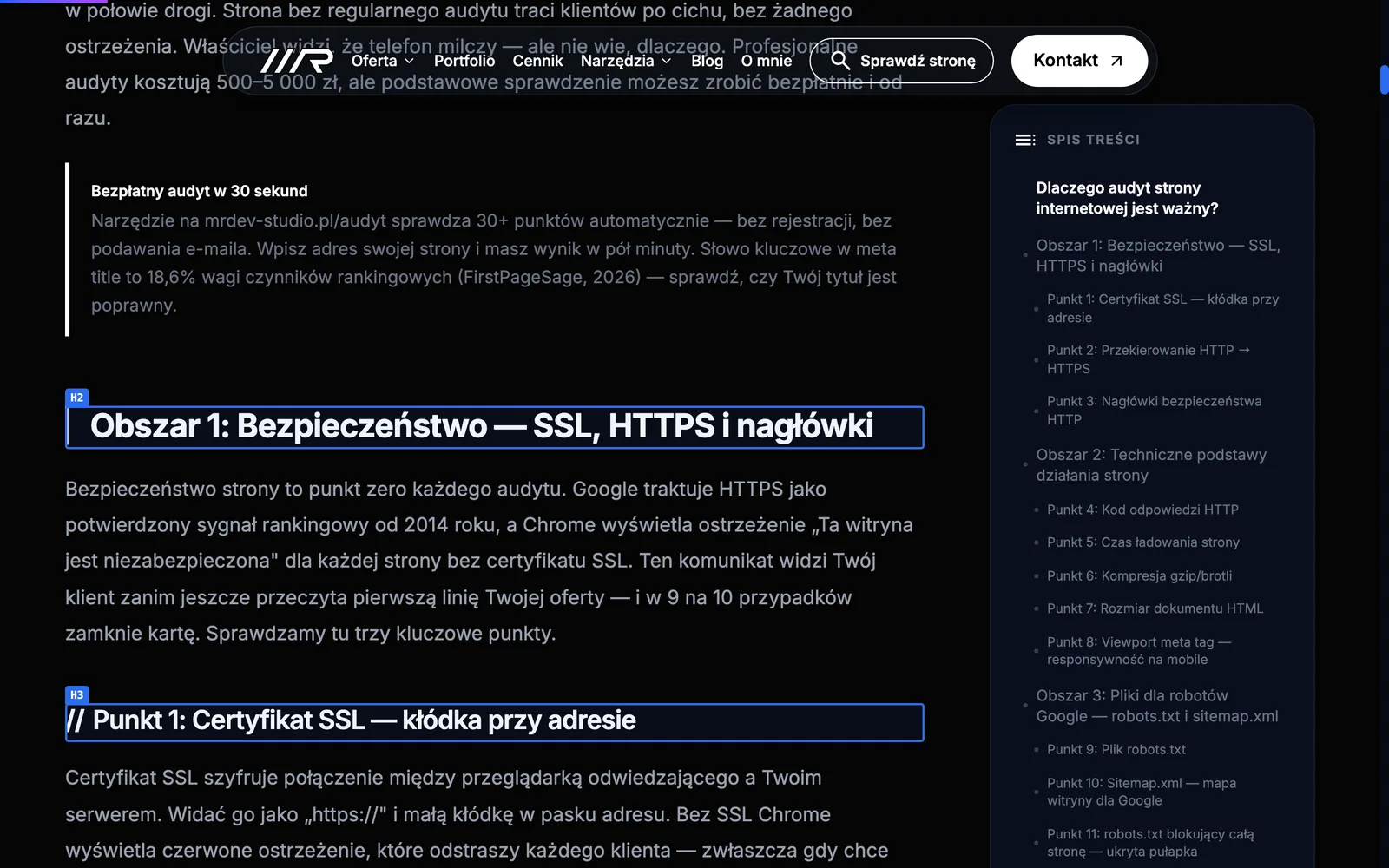 Tryb podświetlania SEO Inspector — ramki z etykietami H2 i H3 nałożone na nagłówki wpisu blogowego