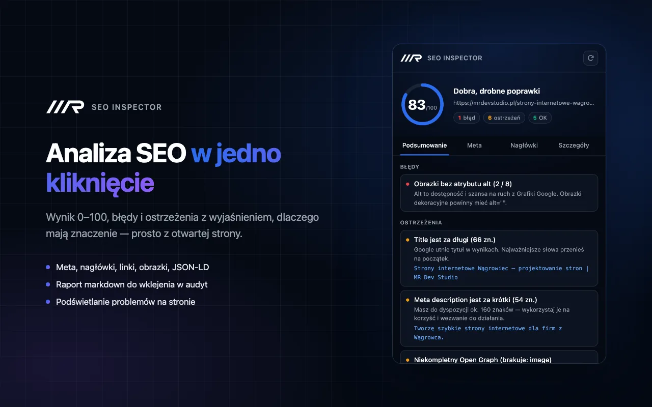 SEO Inspector – wtyczka Chrome do analizy SEO on-page z wynikiem 0-100, działająca w 100% lokalnie