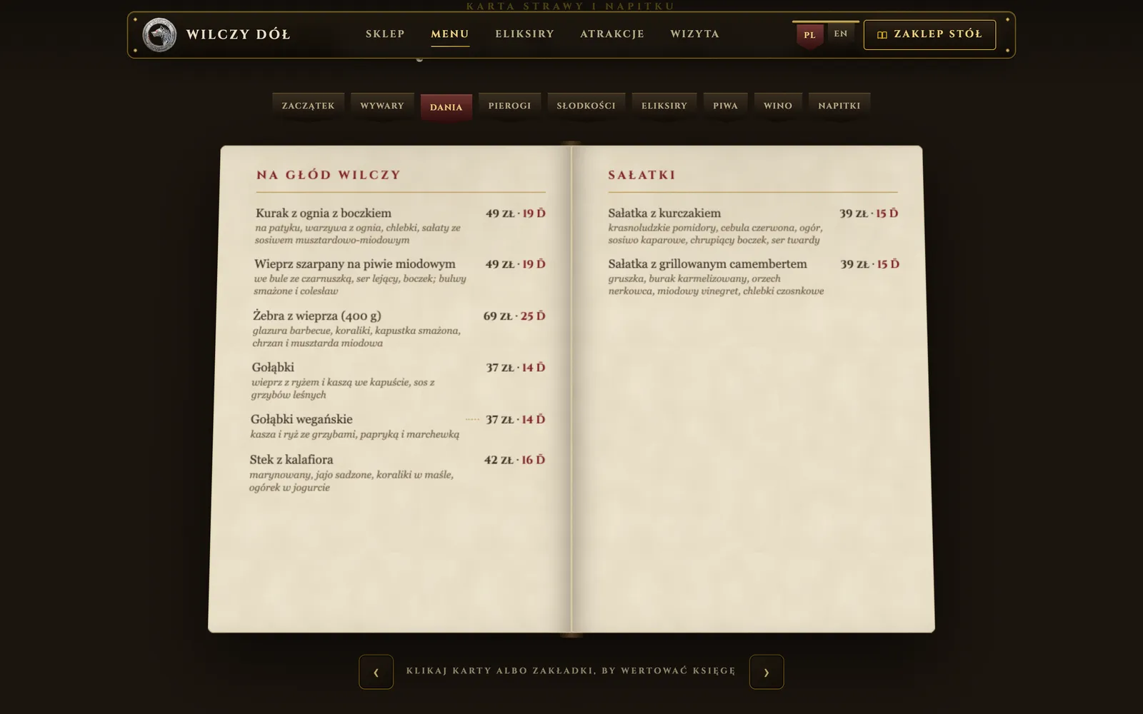 Otwarta księga menu z daniami i cenami w złotych i dukatach