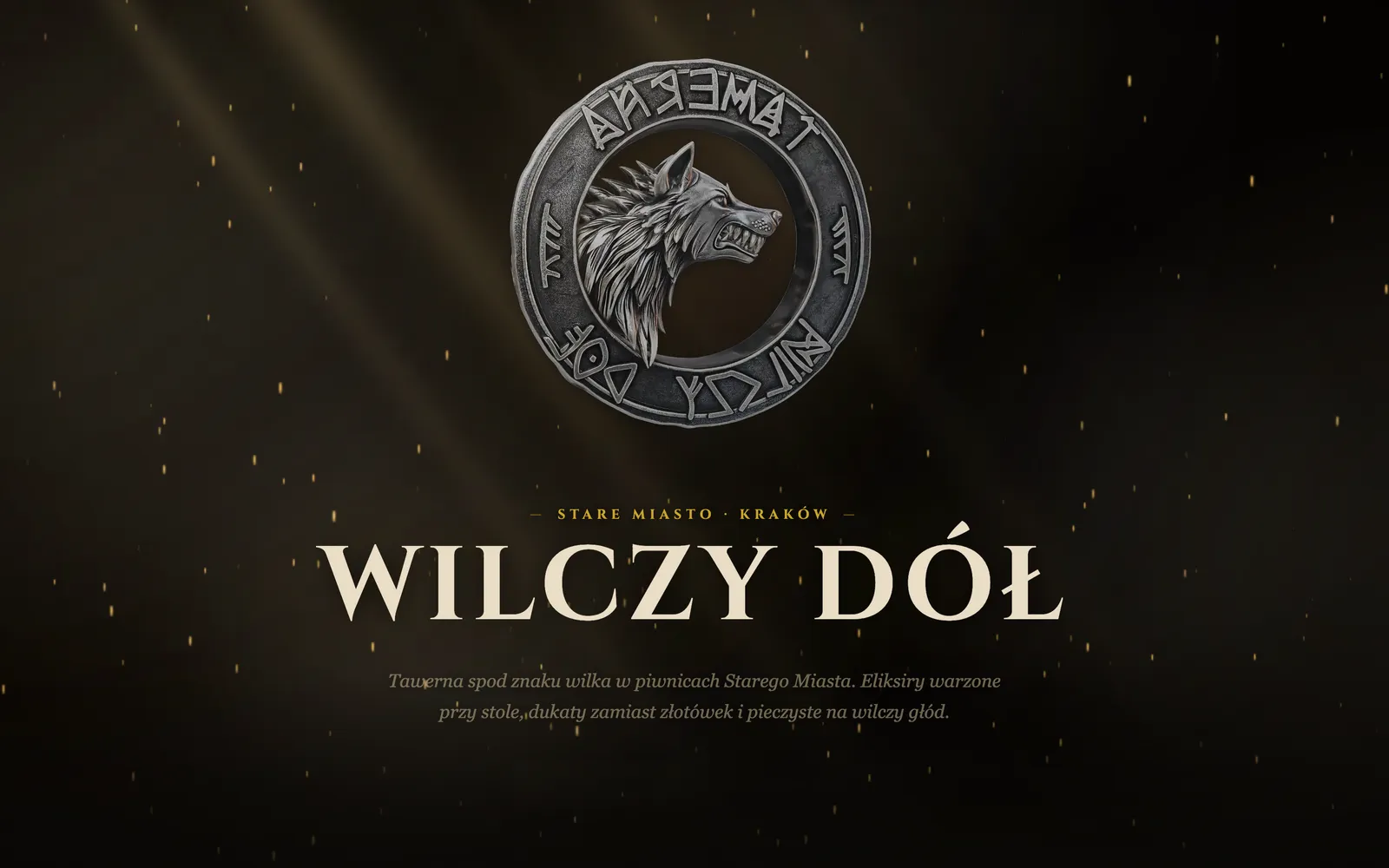Koniec obrotu medalionu — nazwa Wilczy Dół i zaproszenie do tawerny na Starym Mieście